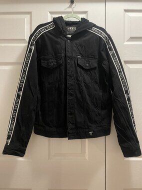 Men's Guess Black Denim Jersey Hooded Jacket, US L, Pockets